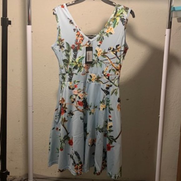 Oxiuly Women's Baby Blue Floral Sleeveless V-Neck Midi Dress Medium NWT - Picture 1 of 7